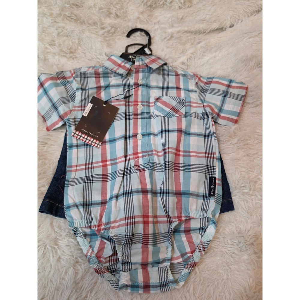 NWT Ben Sherman Baby Boys 2-Piece Plaid Bodysuit & Denim Shorts Set - 6/9M